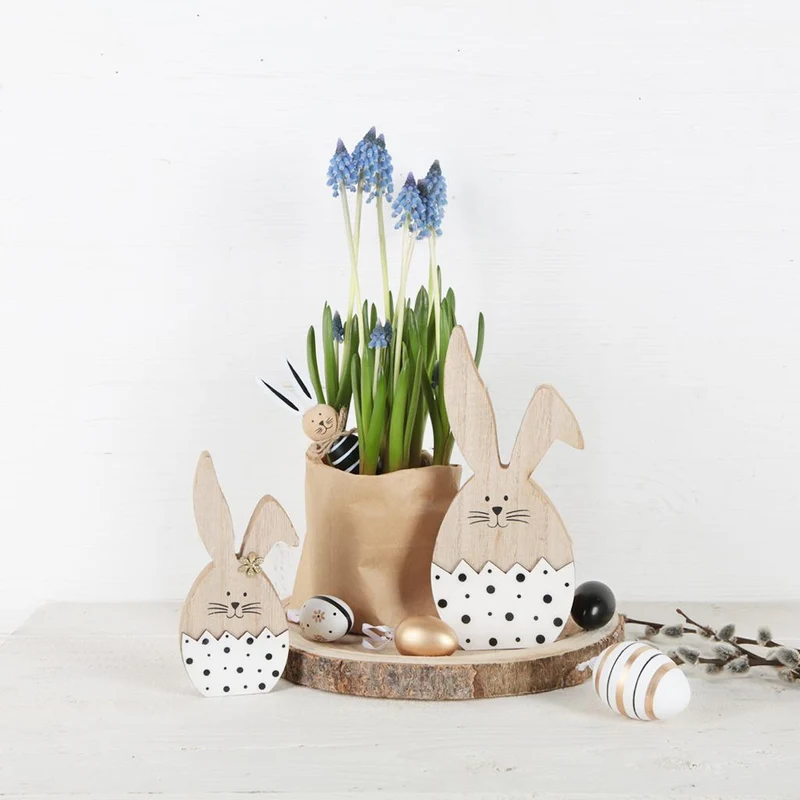 3 Holzhasen Figuren 14 cm schwarz-weiß gepunktet Osterei Deko Ostern