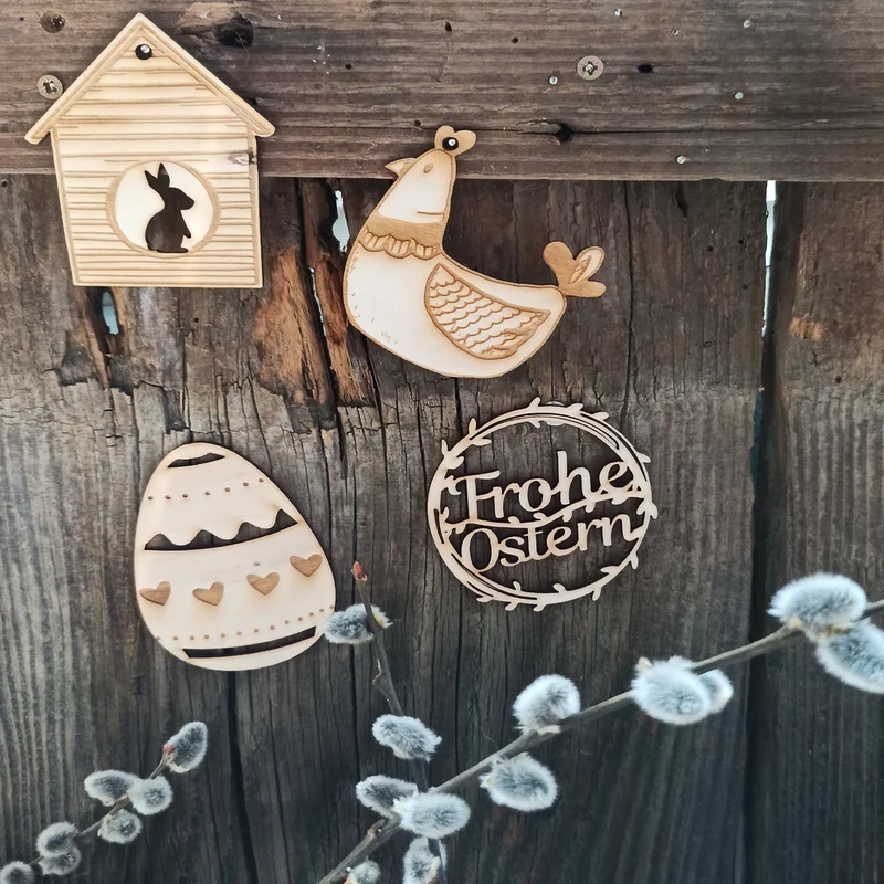 4 Frohe Ostern Geschenkanhänger aus Holz mit Text - 10 cm