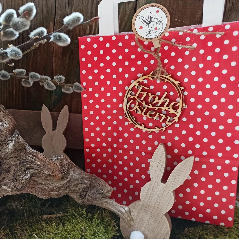 4 Frohe Ostern Geschenkanhänger aus Holz mit Text - 10 cm