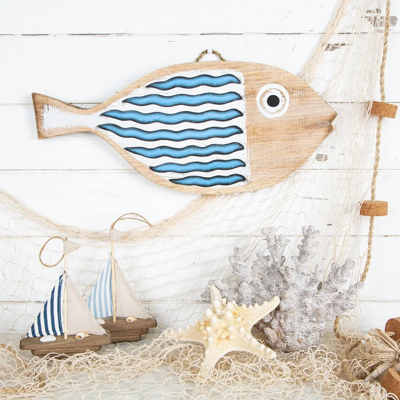 2 Segelboot Figuren aus Holz & Leinen braun blau 17x13cm