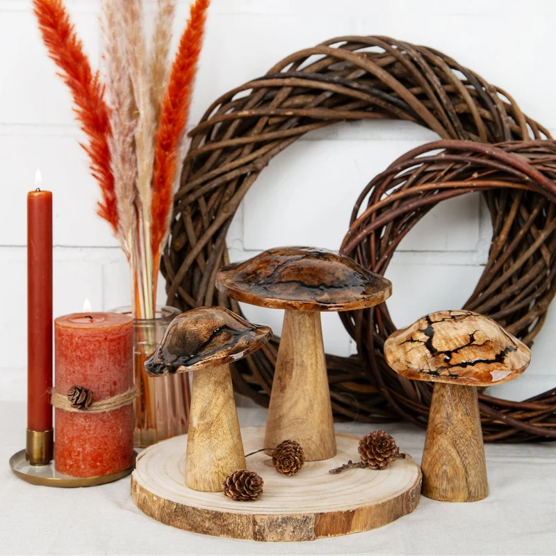 3 Pilz Figuren braun aus Holz emailliert Herbstdeko 15 u. 18 cm