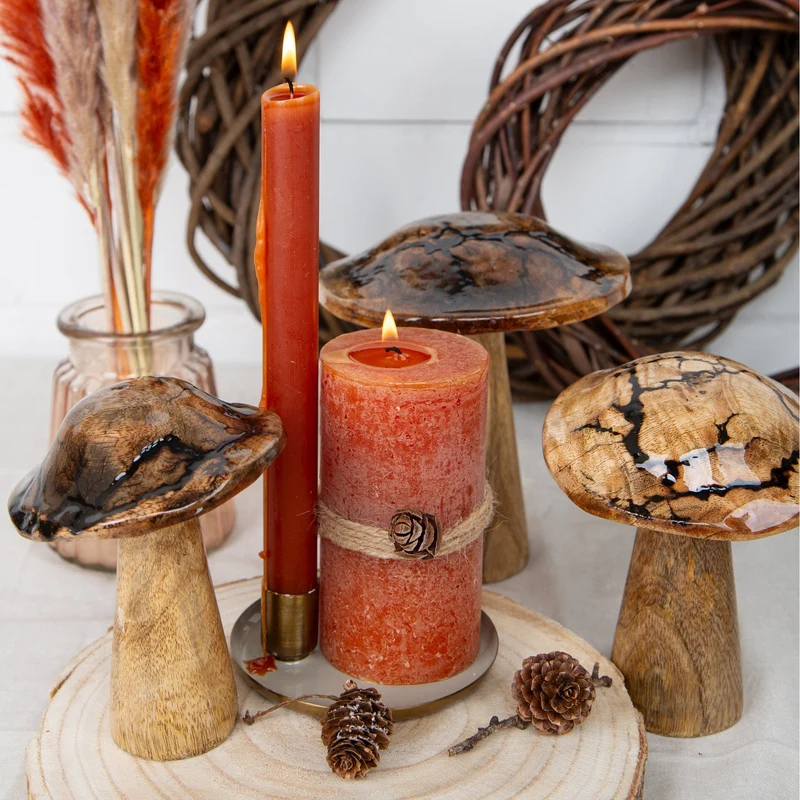 3 Pilz Figuren braun aus Holz emailliert Herbstdeko 15 u. 18 cm