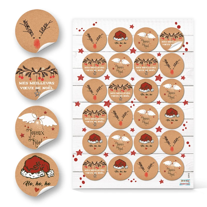 48 Weihnachtssticker mit französischem Text Joyeux Noël/Joyeuses Fêtes - Weihnachtsgrüße Ø 4 cm rot braun weiß