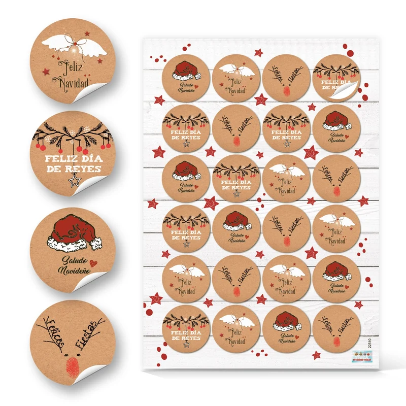 96 Weihnachtssticker spanisch - Weihnachtsgrüße Spanien Feliz Navidad Felices Fiestas Text Ø 4 cm rot braun weiß