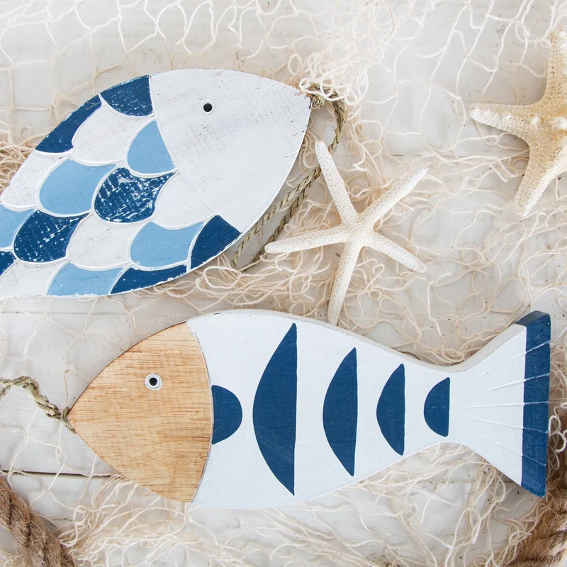 2 große Deko Fische zum Aufhängen blau weiß maritim 30 cm