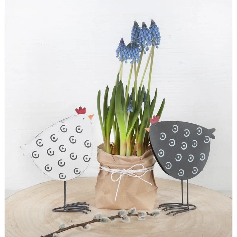 2 Moderne Hühner Metall schwarz weiß Ostern Frühling 17 cm