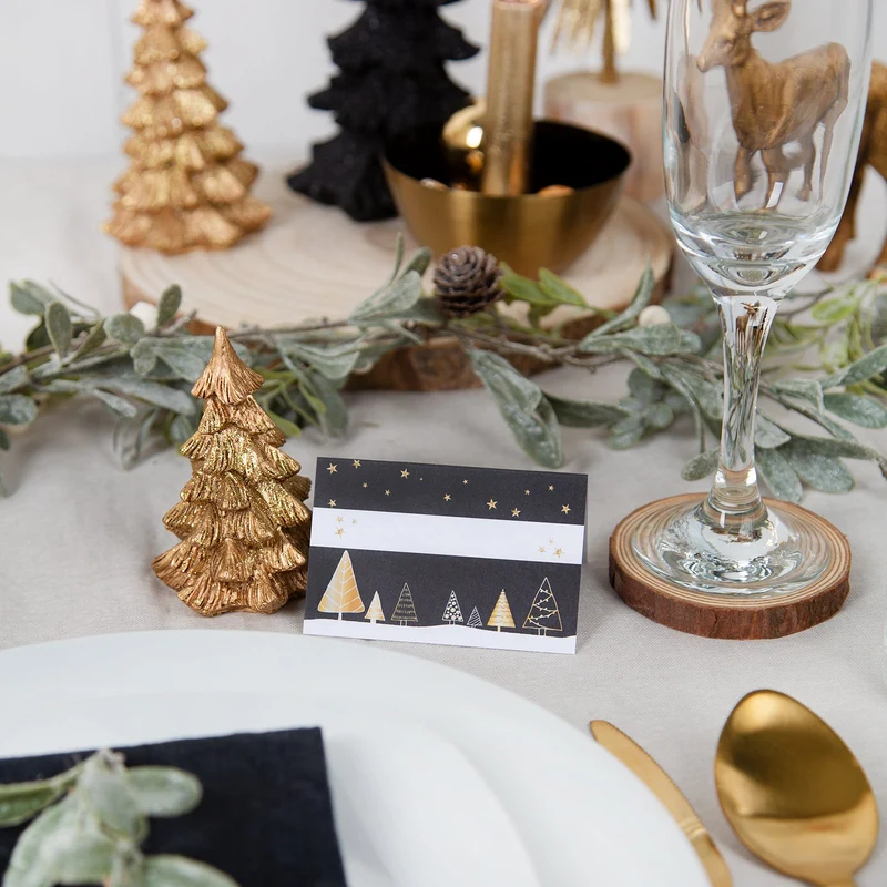 Tischkarten Weihnachten 25 Stück schwarz gold weiß mit Weihnachtsbäumen