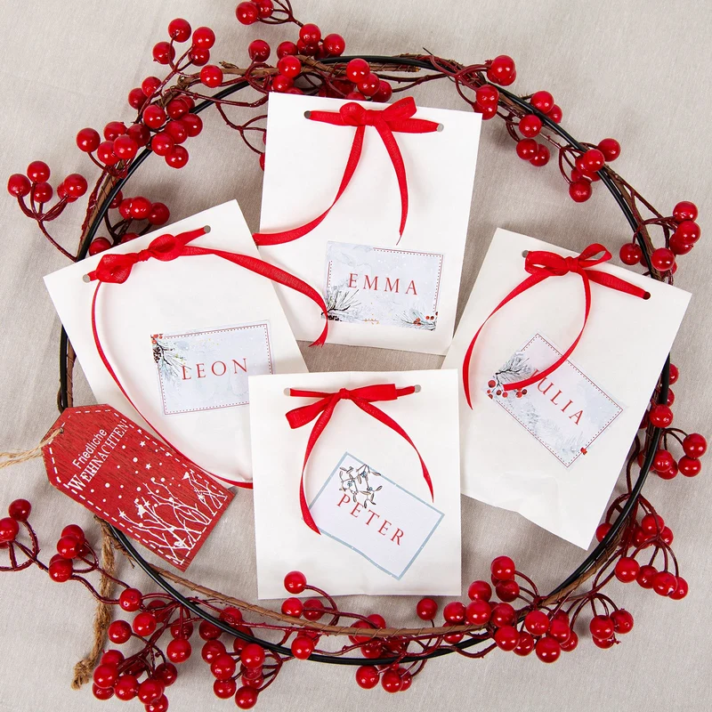 4 x 25 Weihnachtsetiketten Aufkleber zum Beschriften grau weiß Zweige 7,4 x 5,2 cm