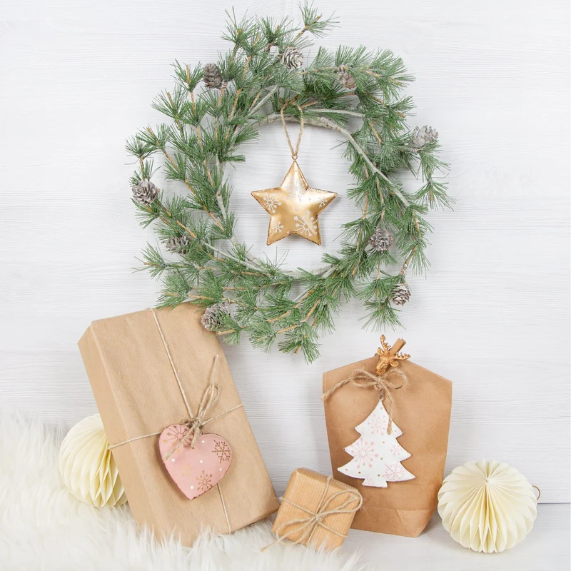 6 Metallanhänger Weihnachtsbaum Herz Stern rosa Gold weiß 9cm