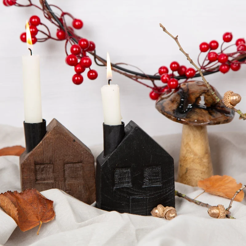 4 Häuser Kerzenhalter für Stabkerzen Holz braun schwarz modern Weihnachten