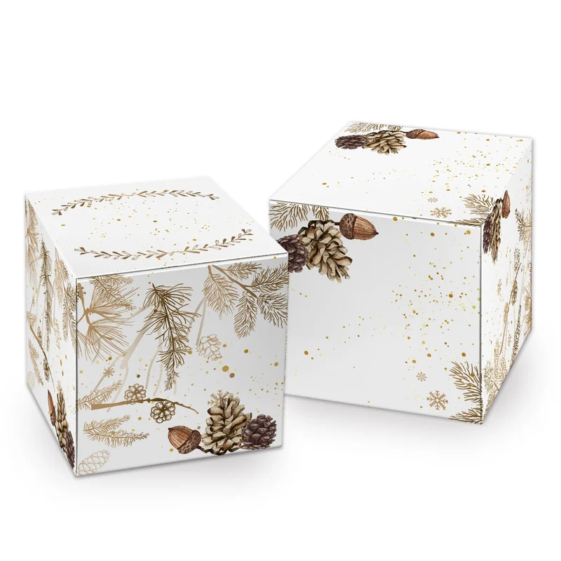 10 Geschenkboxen weiß 8 x 8 cm mit Zapfen und Zweigen braun-gold
