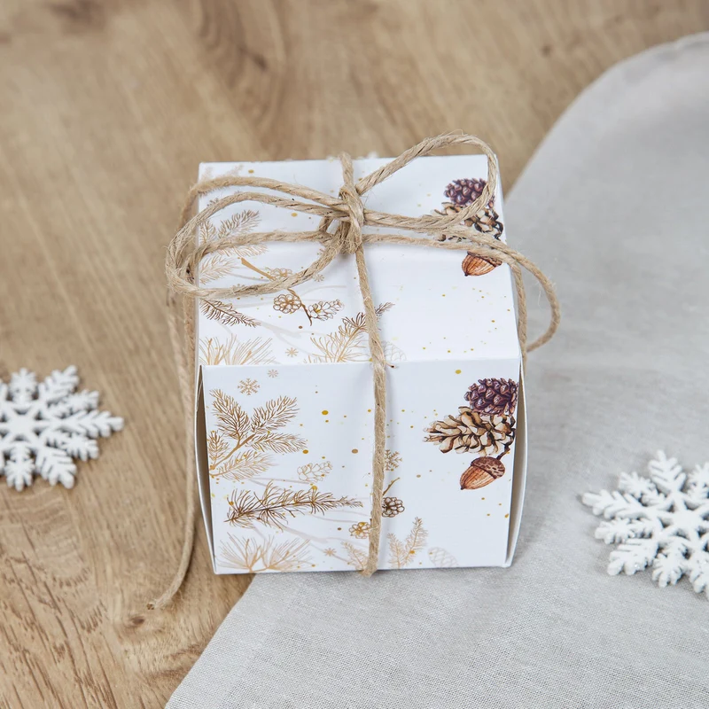 10 Geschenkboxen weiß 8 x 8 cm mit Zapfen und Zweigen braun-gold