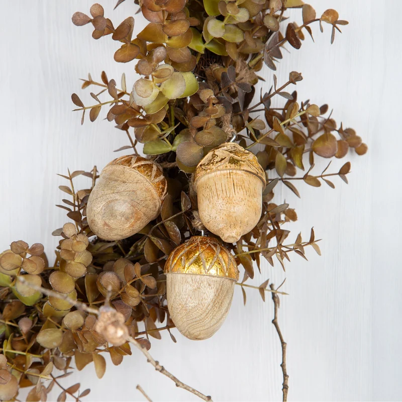 3 Holz Weihnachtsanhänger Eicheln Gold Natur Weihnachten 6 cm