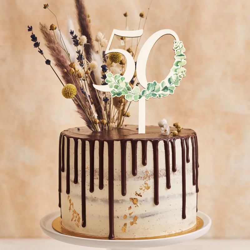 50. Geburtstag Cake Topper - Holzstecker Eukalyptus Deko 18 cm