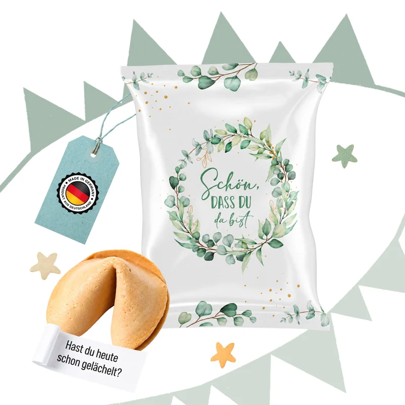 10 Glückskekse Schön, dass du da bist – Gastgeschenk Hochzeit mit Eukalyptus