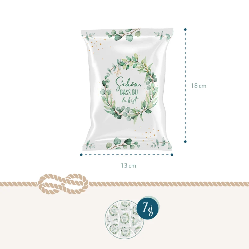 10 Glückskekse Schön, dass du da bist – Gastgeschenk Hochzeit mit Eukalyptus