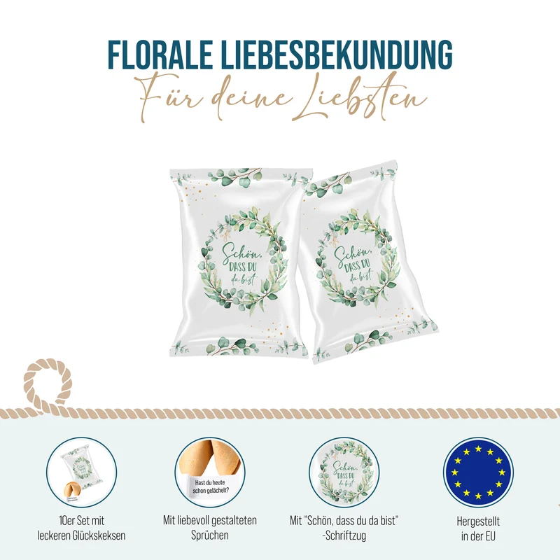 10 Glückskekse Schön, dass du da bist – Gastgeschenk Hochzeit mit Eukalyptus