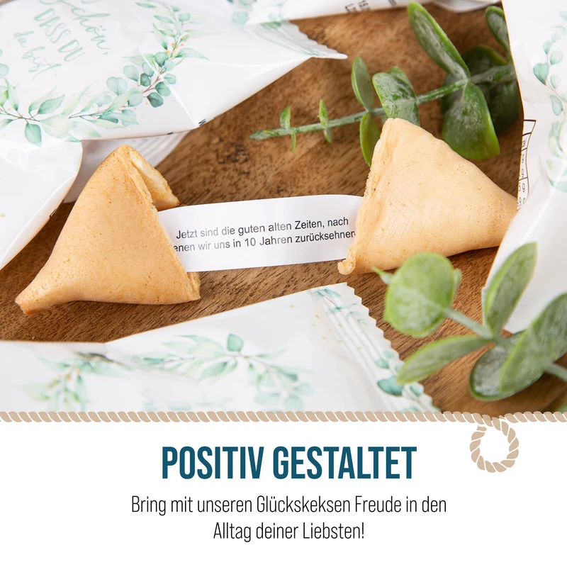10 Glückskekse Schön, dass du da bist – Gastgeschenk Hochzeit mit Eukalyptus