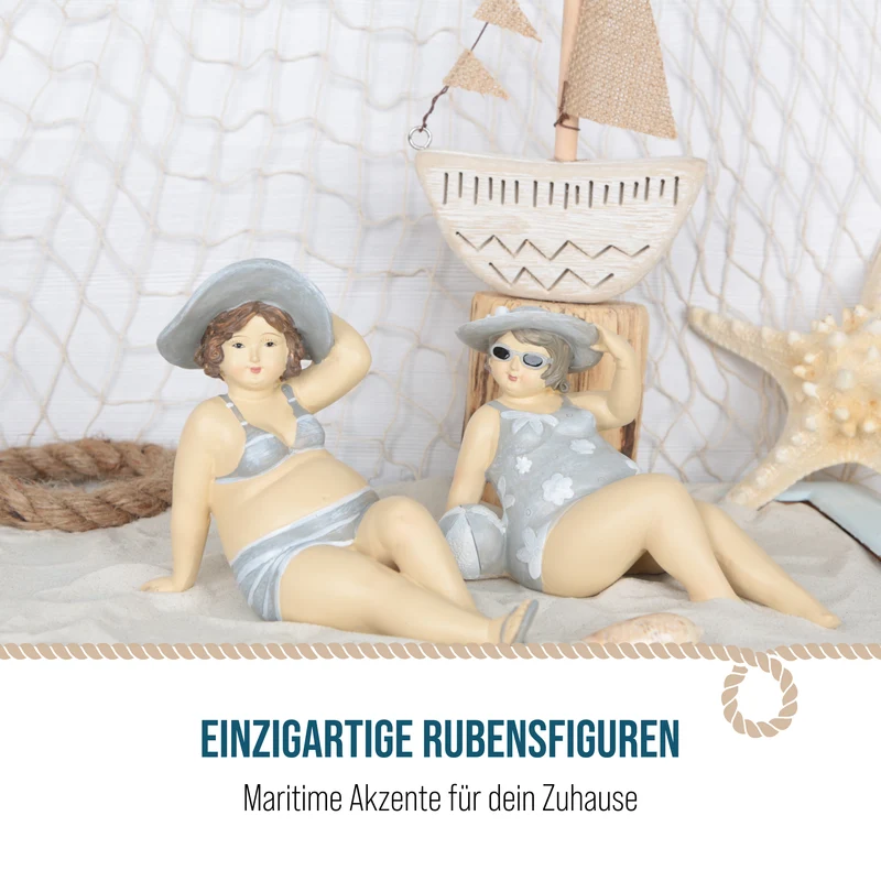 2 sommerliche Frauen im Bikini Rubensfigur 14 cm grau weiß