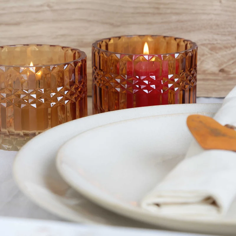 3 Teelichthalter aus Glas Boho Tischdeko Kerzenhalter orange braun 9 cm