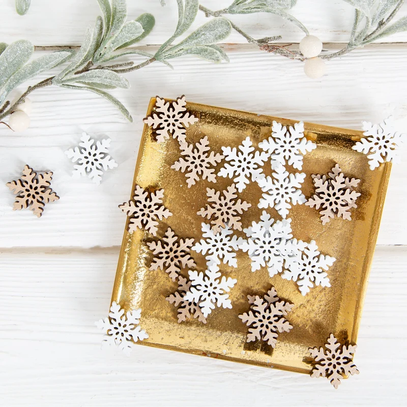 Tischdeko Weihnachten Set 24 Mini Schneeflocken Holz 2,5cm