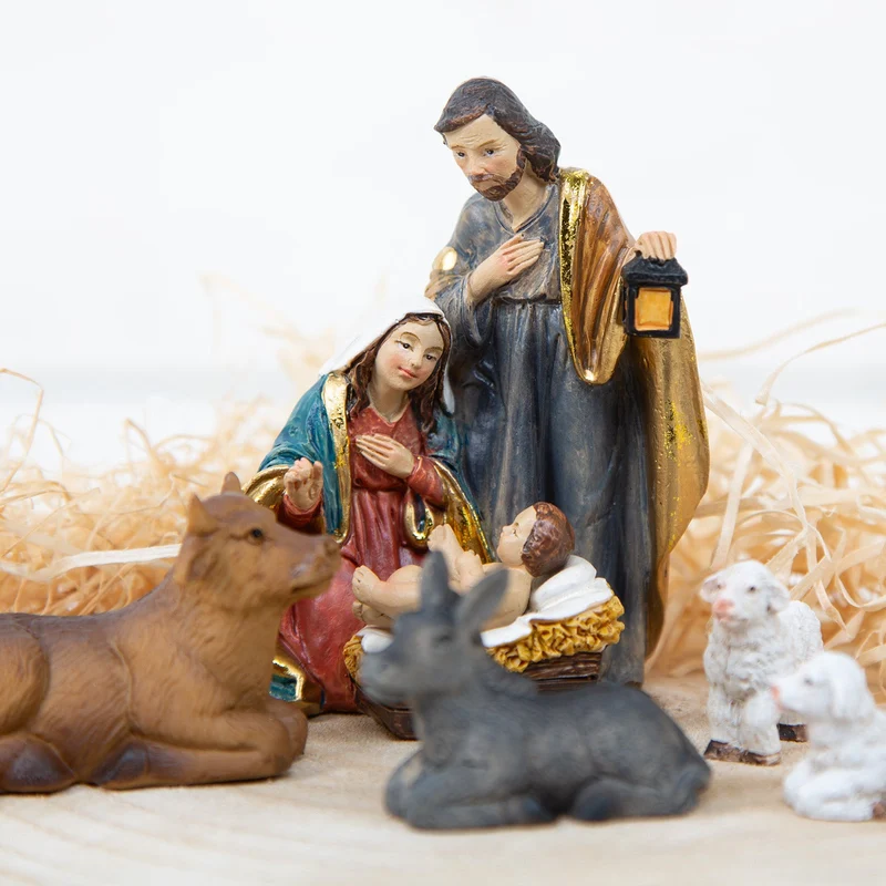 Krippenfiguren Set 5-TLG. Heilige Familie - Ochs, Esel & Schafe 9,5 cm