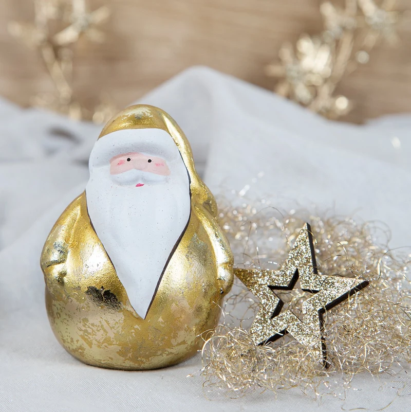 2 Santa Claus Weihnachtsmann Figuren Gold weiß Keramik Dekoration 9 cm