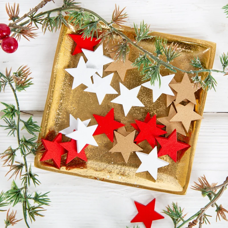24 kleine Holzsterne Weihnachten Gold rot weiß Streudeko 2,5cm