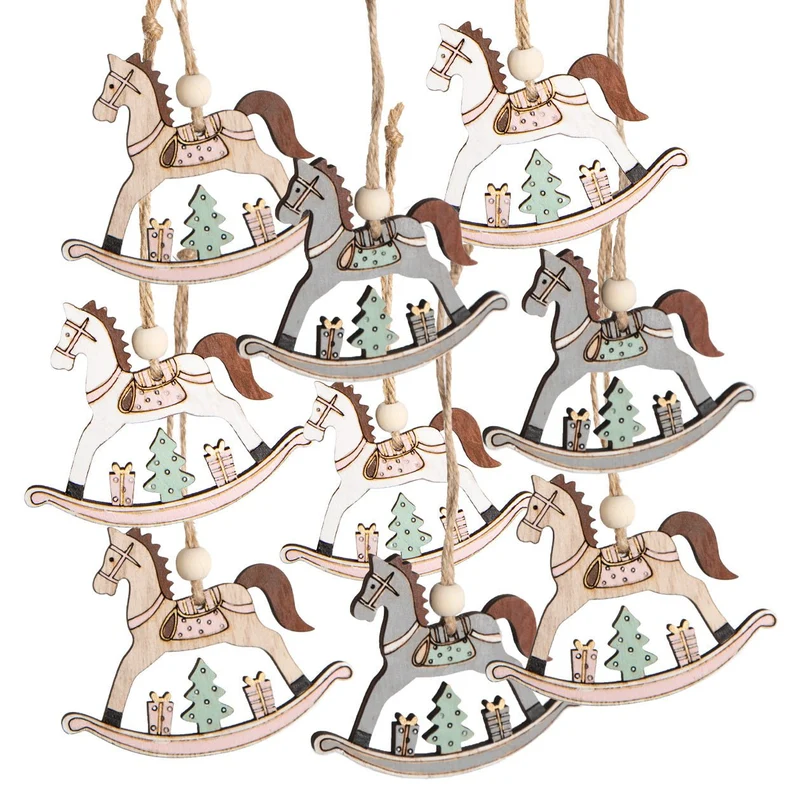 9 Schaukelpferde - Weihnachtsbaum Anhänger grau braun Natur 6,5 cm