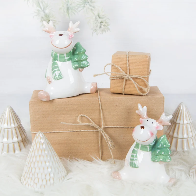 2 Elch Figuren grün weiß aus Dolomit Rentier Deko Weihnachten Set 12,5 cm