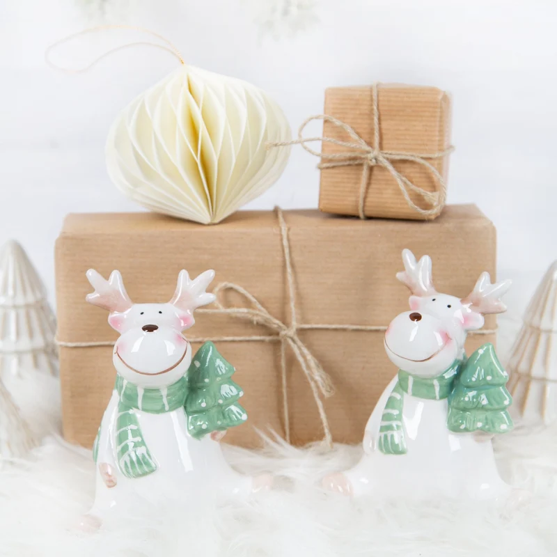 2 Elch Figuren grün weiß aus Dolomit Rentier Deko Weihnachten Set 12,5 cm