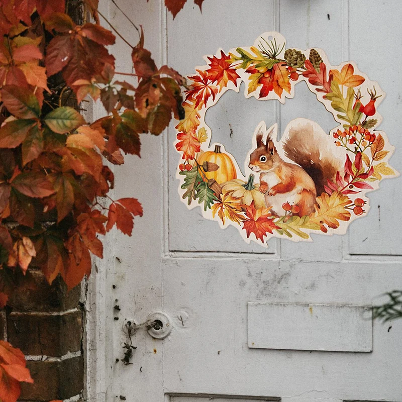 Herbst Deko Türkranz aus Holz Eichhörnchen Herbstdeko 29,5 cm