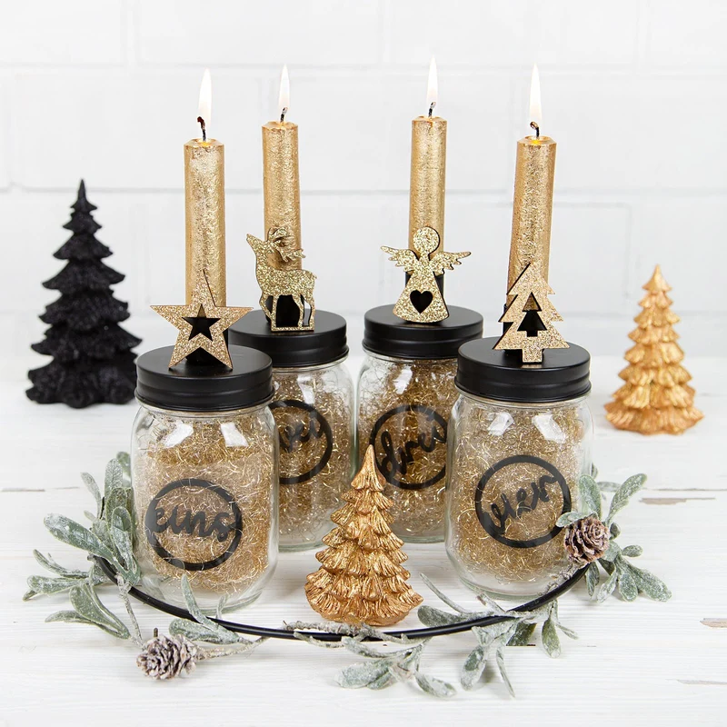 4 Stabkerzenhalter schwarz Gold Gläser zum Befüllen Weihnachten Tischdeko 15,5 cm