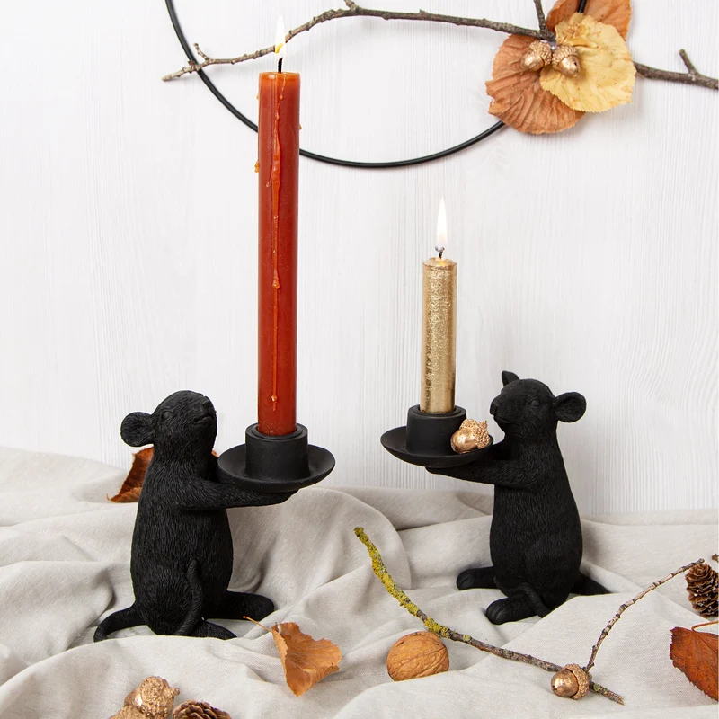 2 Mäuse Kerzenständer Schwarze Maus Kerzenhalter für Stabkerzen Tischdeko 15,5 cm