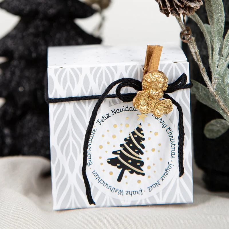 200 Weihnachtsaufkleber auf Rolle Frohe Weihnachten international schwarz gold Ø 5 cm