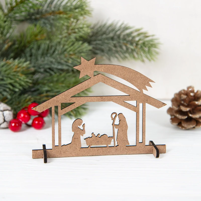 3 Weihnachtskarten DIN A6 Klappkarten mit Umschlag – Maria und Josef mit Mini-Krippe aus Holz