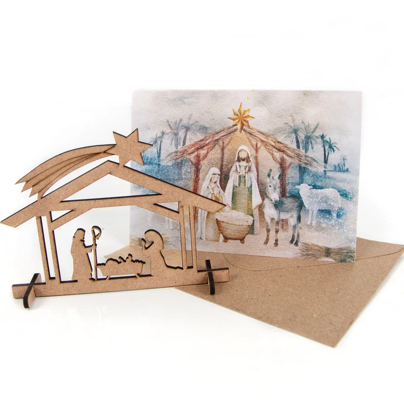 3 Weihnachtskarten DIN A6 Klappkarten mit Umschlag – Heilige Familie mit Mini-Krippe aus Holz