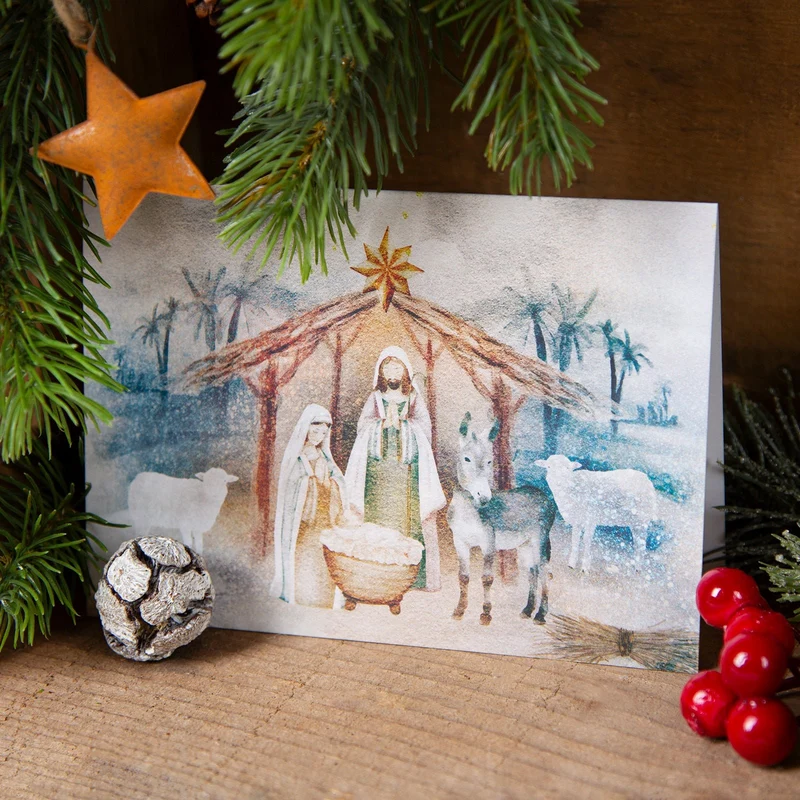 3 Weihnachtskarten DIN A6 Klappkarten mit Umschlag – Heilige Familie mit Mini-Krippe aus Holz