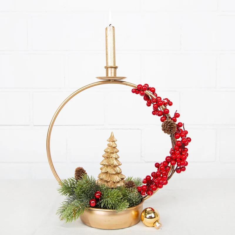 Kerzenhalter für Stabkerzen mit Kranz & Dekoschale Gold 42 cm