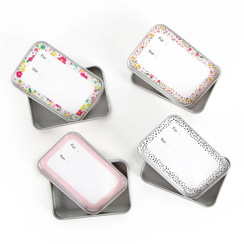 4 kleine Geschenkboxen zum Befüllen Geburtstag Give-Away Metalldose 9,5 x 6,5 x 2 cm
