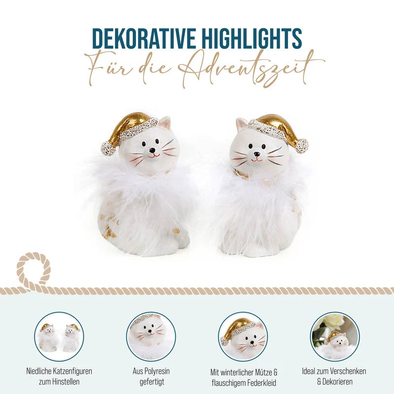 2 Weihnachten Deko Katzen gold weiß - Weihnachtskatzen 8 cm