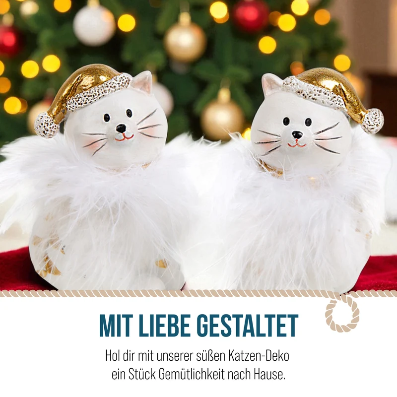 2 Weihnachten Deko Katzen gold weiß - Weihnachtskatzen 8 cm