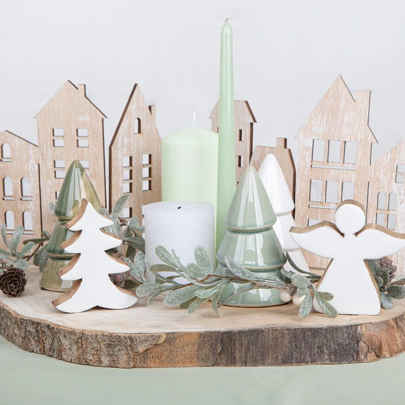 3 Weihnachtsbaum Baum Figuren aus Keramik grün weiß Weihnachten Deko innen 12 cm