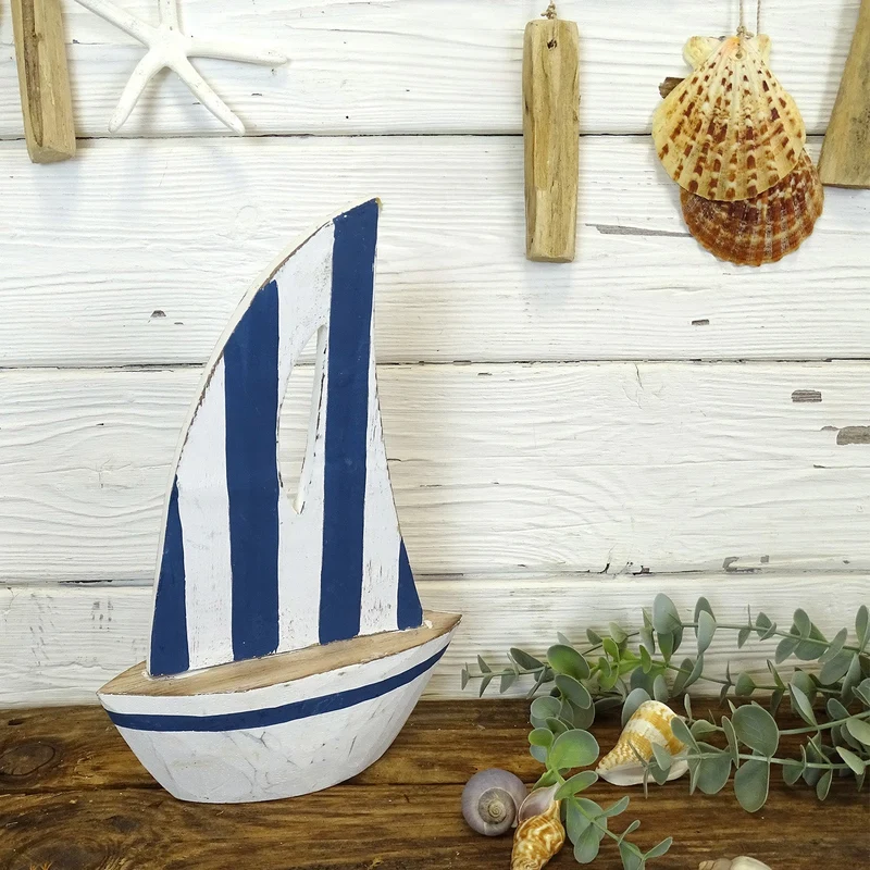 Logbuch-Verlag Deko-Segelboot Holz 16x5,5x25 cm – Maritime Boot-Figur aus Albizia-Holz in Blau-Weiß – Küstendeko für Fensterbank & Bad