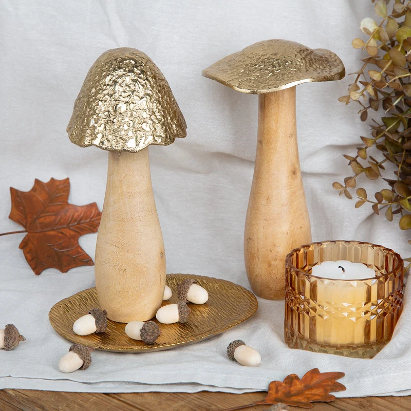 2 Pilzfiguren braun gold - aus Holz & Metall Herbstdekoration 22 cm