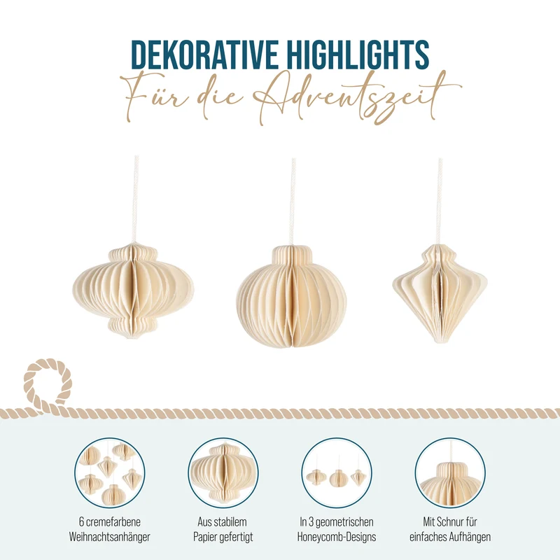 6 Weihnachtsbaumanhänger - Weihnachtskugeln in 3 Designs creme weiß 8 cm