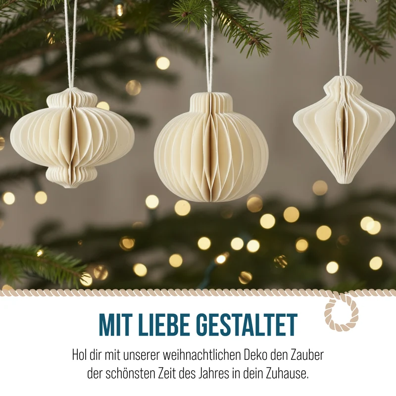 6 Weihnachtsbaumanhänger - Weihnachtskugeln in 3 Designs creme weiß 8 cm