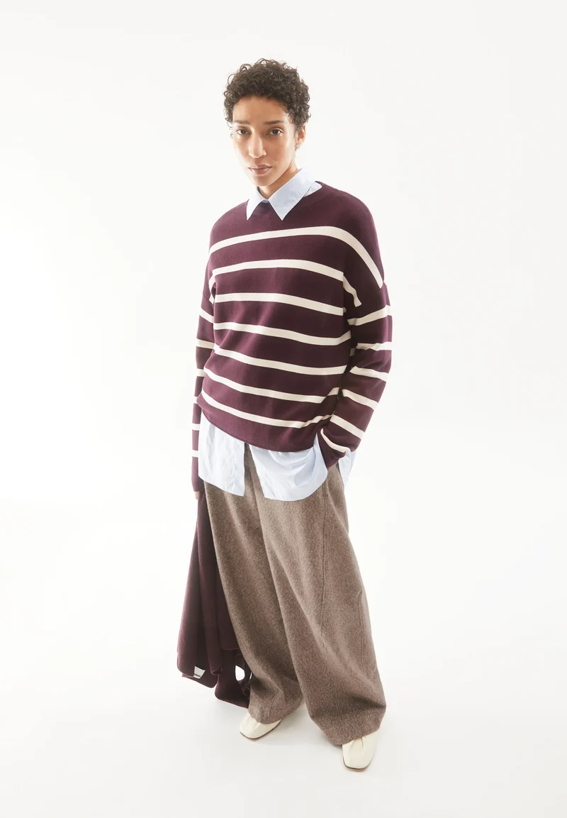 MERINAA STRIPES STRICKPULLOVER | dark cranberry-oatmilk