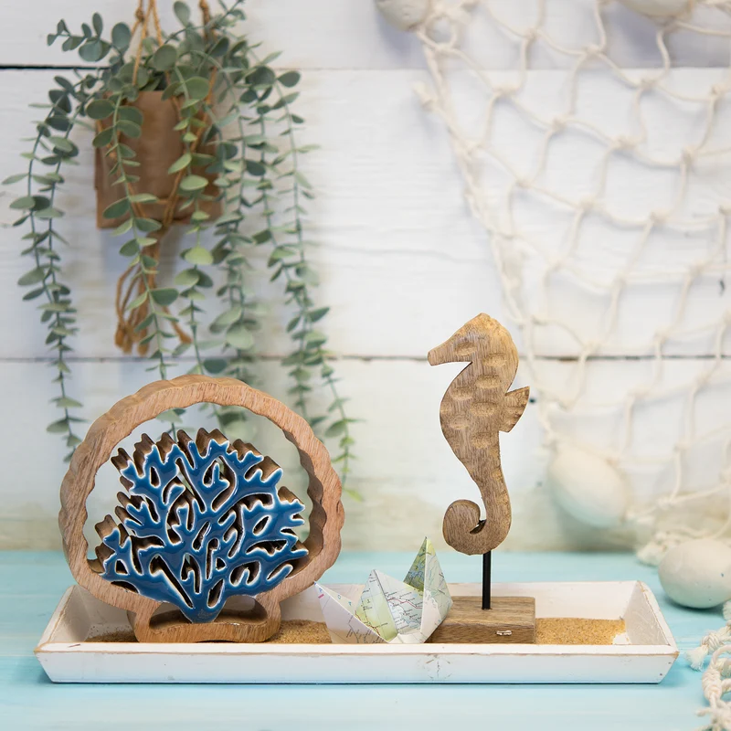 Logbuch-Verlag Koralle Dekofigur aus Holz blau braun Badezimmer Dekoration Geschenk maritim 18 x 4 x 17 cm