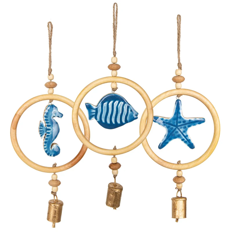 Logbuch-Verlag 3-TLG. Deko Set maritim blau braun Sommerdeko Fisch Seestern Seepferdchen Fischernetz Dekoration mit Schnur 38 cm